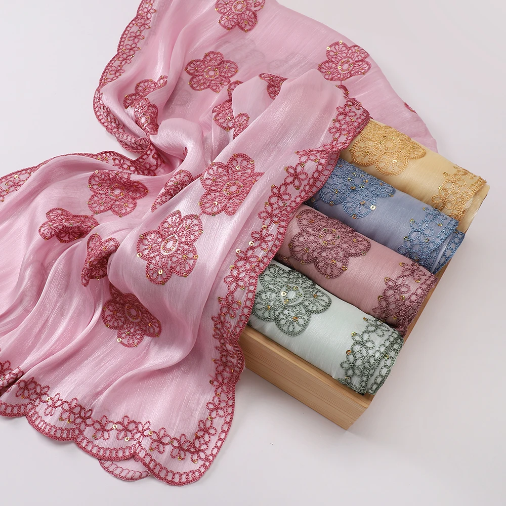 Embroidered Hijab Glitter Shimmer Shawl Muslim Head Scarf for Wedding Soft Satin Muslim Shawl Sparkly Sequin Scarf