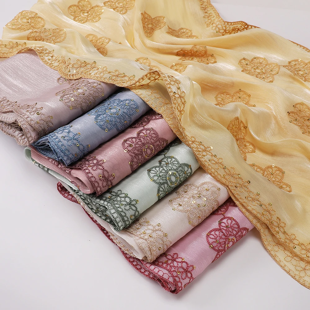 Embroidered Hijab Glitter Shimmer Shawl Muslim Head Scarf for Wedding Soft Satin Muslim Shawl Sparkly Sequin Scarf