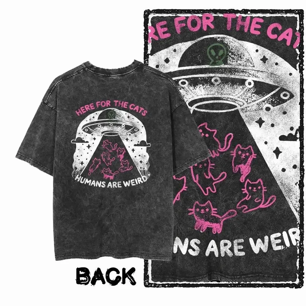 Cat Printed Cotton Acid Washed Exclusive Graphic Unisex T Shirt Cool Streetwear Men Tshirts Big Size Tee for Women Y2k Top