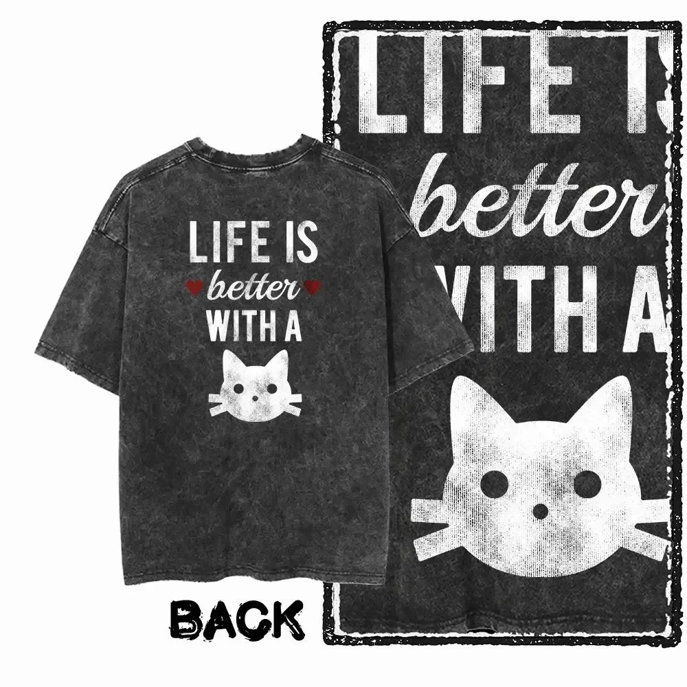 Cat Printed Cotton Acid Washed Exclusive Graphic Unisex T Shirt Cool Streetwear Men Tshirts Big Size Tee for Women Y2k Top