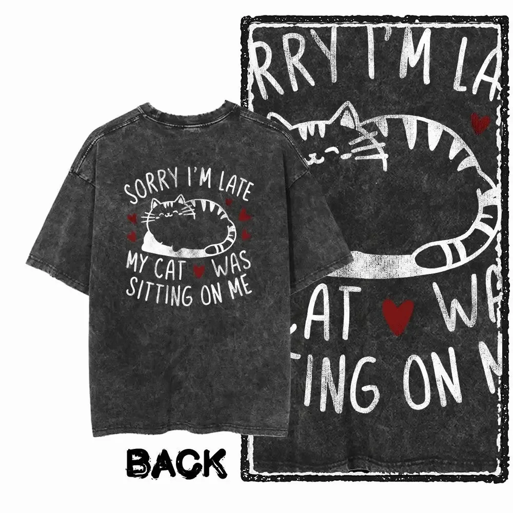 Cat Printed Cotton Acid Washed Exclusive Graphic Unisex T Shirt Cool Streetwear Men Tshirts Big Size Tee for Women Y2k Top