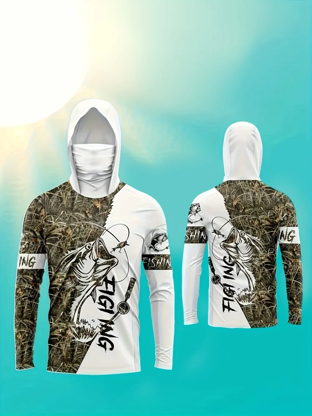 American Men's Summer Serrated Fish Letter Print Comfortable Breathable Fishing Suit Long Sleeved T-Shirt Outdoor Casual Top