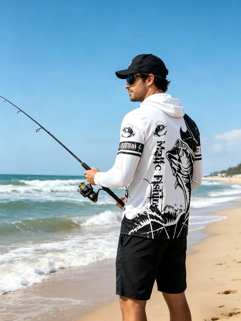 American Men's Summer Serrated Fish Letter Print Comfortable Breathable Fishing Suit Long Sleeved T-Shirt Outdoor Casual Top