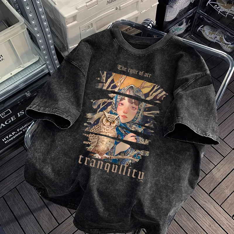 Vintage Anime Blindfold Girl Print T-Shirt Dark Grunge Aesthetic Butterfly Oversized Tee Casual Y2K Gothic Short Sleeve Shirt