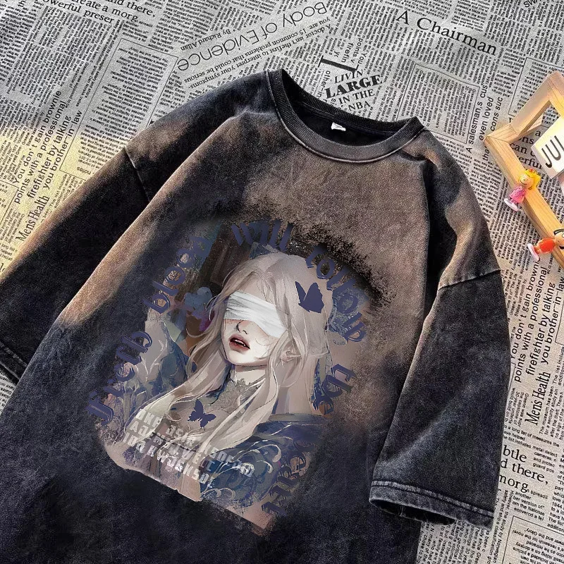 Vintage Anime Blindfold Girl Print T-Shirt Dark Grunge Aesthetic Butterfly Oversized Tee Casual Y2K Gothic Short Sleeve Shirt