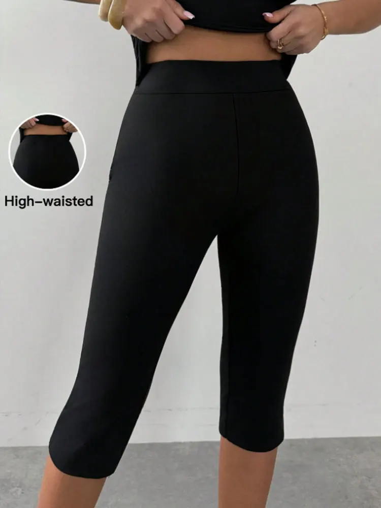 Womens Elegant Solid Black High Waist Capri Leggings Sexy Elastic Slim Breathable Bottom Four Seasons All Year Casual Sweatpants