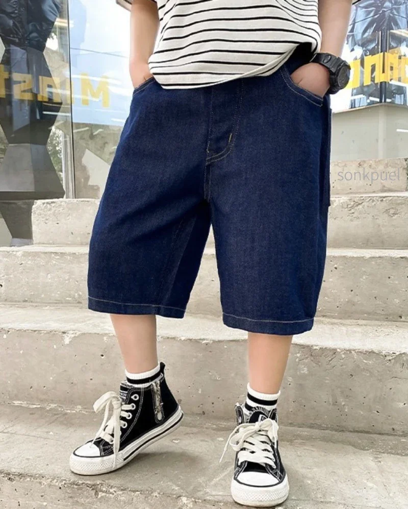 Boys Summer Fashion Denim Shorts Kids Casual Loose Thin Knee-Length Trousers 3-12 Years Teenager Outdoor Five-point Pants