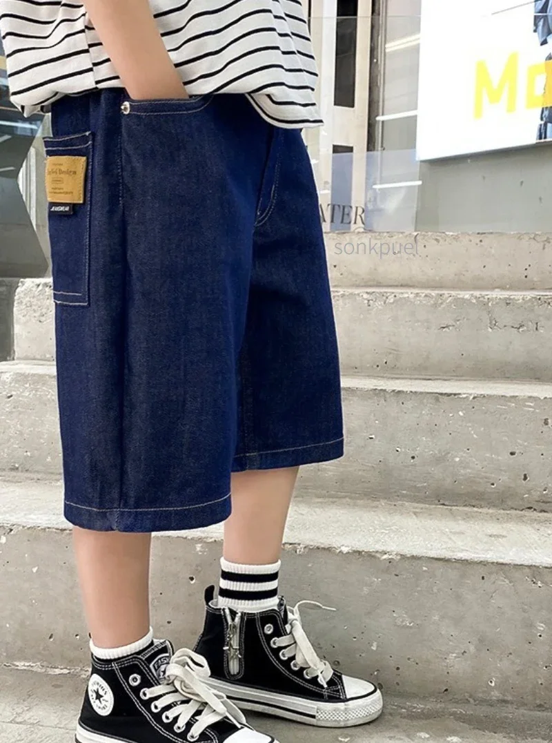 Boys Summer Fashion Denim Shorts Kids Casual Loose Thin Knee-Length Trousers 3-12 Years Teenager Outdoor Five-point Pants
