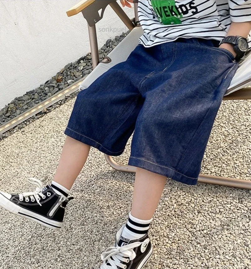 Boys Summer Fashion Denim Shorts Kids Casual Loose Thin Knee-Length Trousers 3-12 Years Teenager Outdoor Five-point Pants