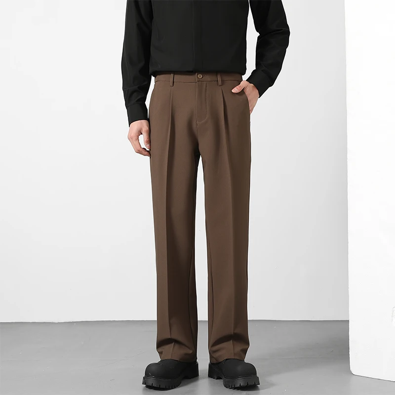 Spring and Summer Men's Loose Suit Pants Korean Style Straight Solid Color Drape Elastic Business Office Casual Trousers Brown