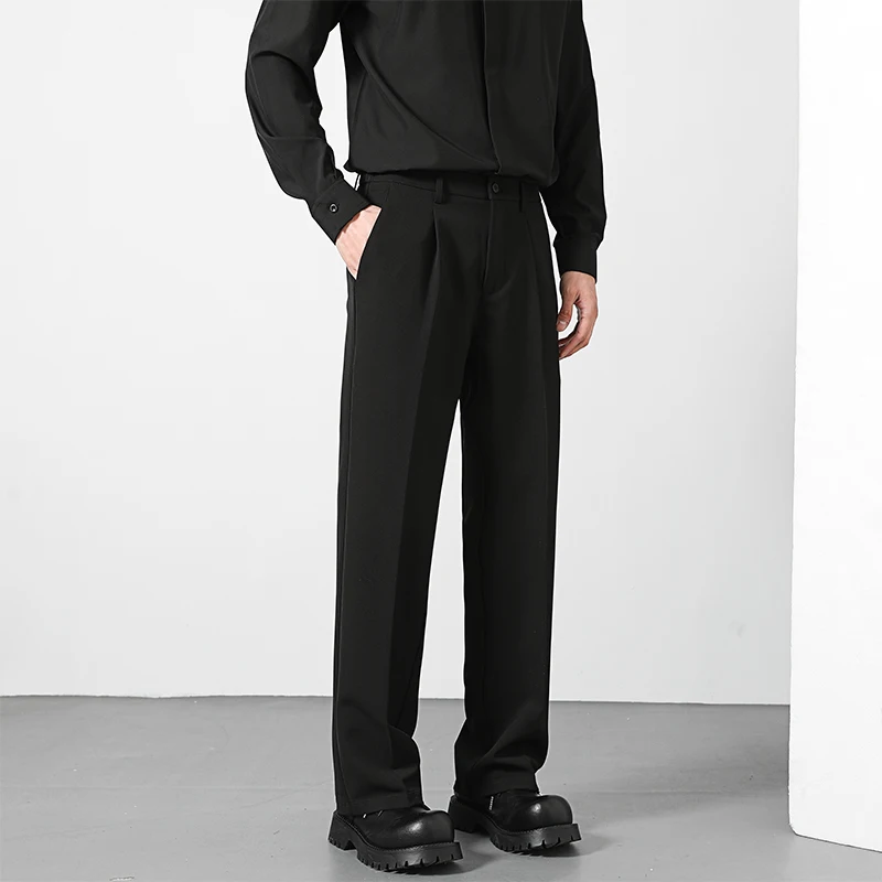 Spring and Summer Men's Loose Suit Pants Korean Style Straight Solid Color Drape Elastic Business Office Casual Trousers Brown