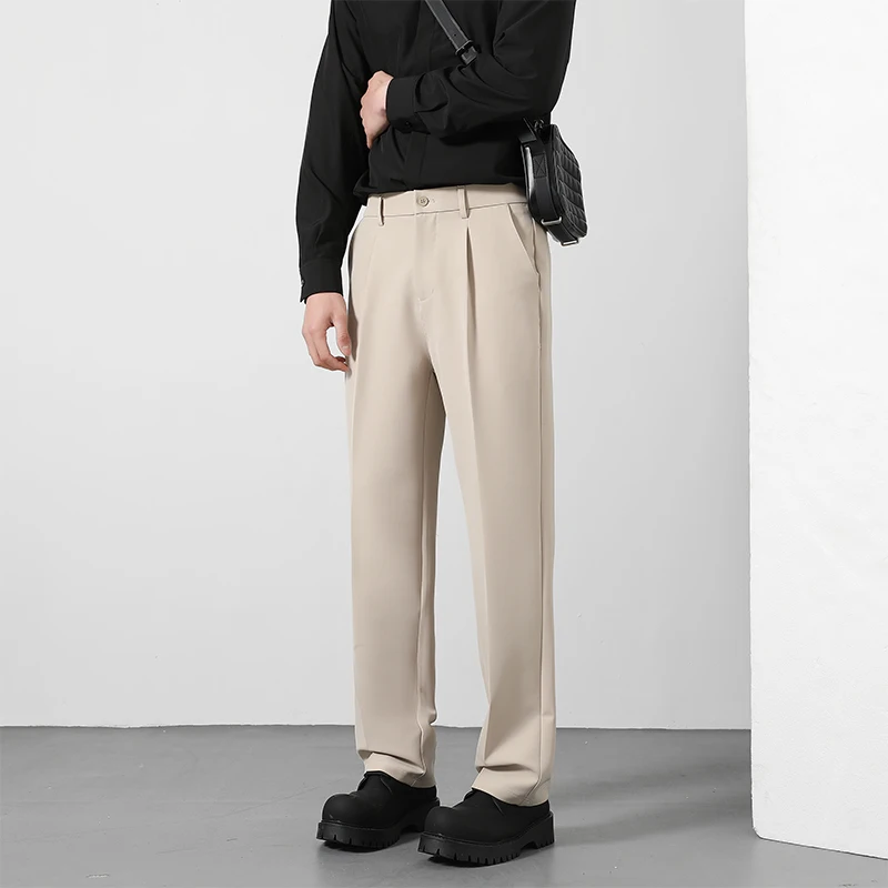 Spring and Summer Men's Loose Suit Pants Korean Style Straight Solid Color Drape Elastic Business Office Casual Trousers Brown