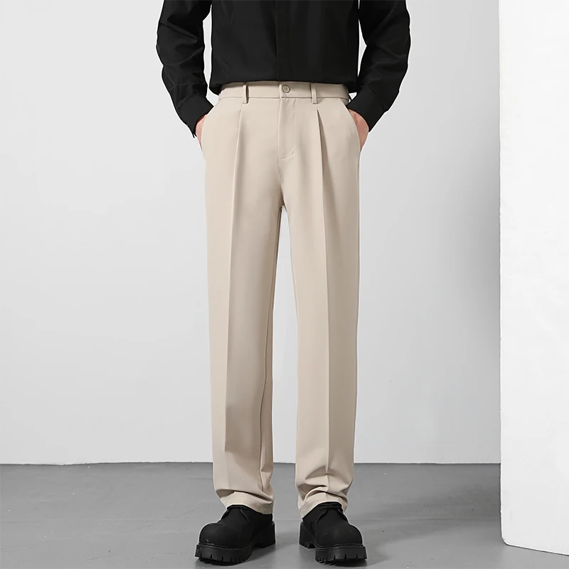 Spring and Summer Men's Loose Suit Pants Korean Style Straight Solid Color Drape Elastic Business Office Casual Trousers Brown