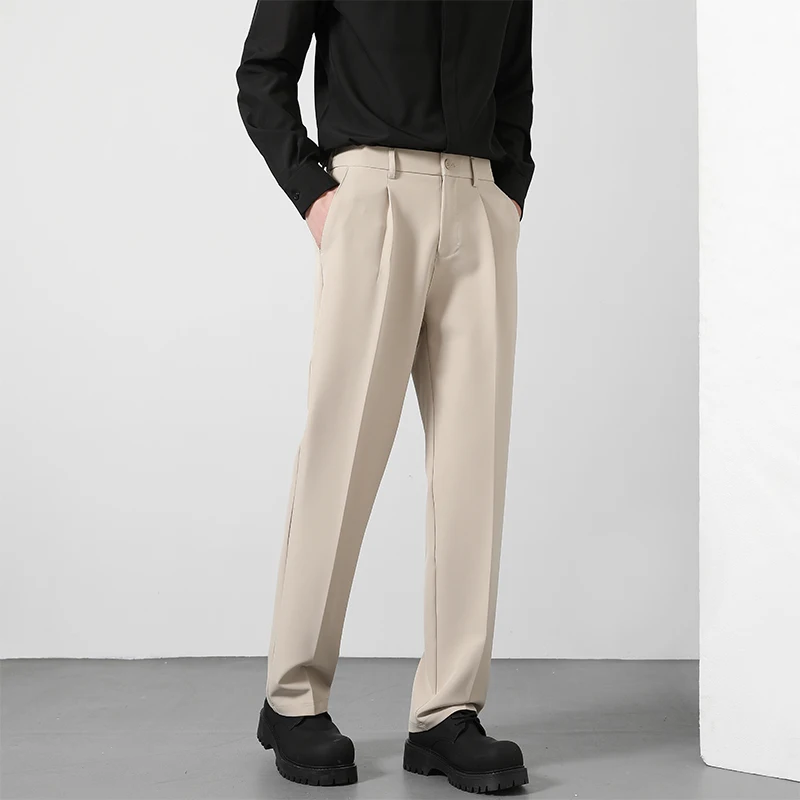 Spring and Summer Men's Loose Suit Pants Korean Style Straight Solid Color Drape Elastic Business Office Casual Trousers Brown