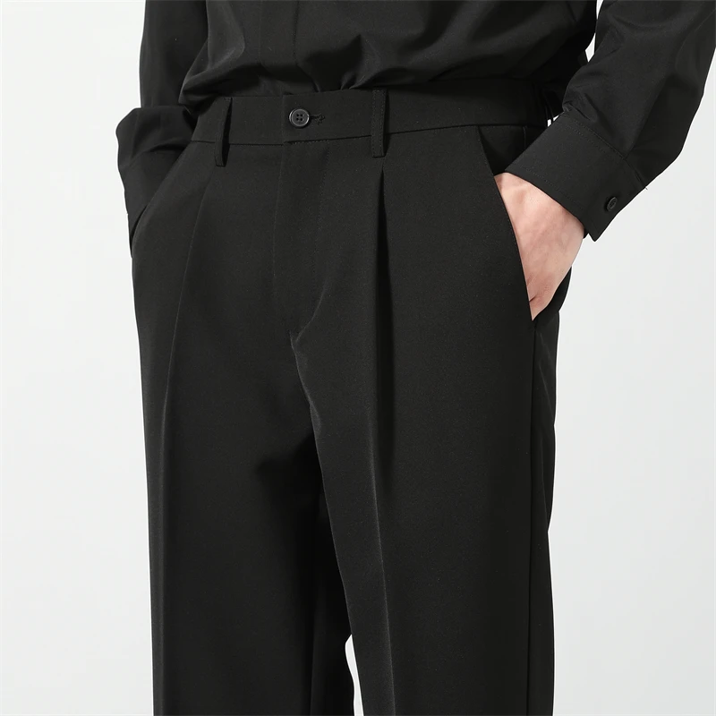 Spring and Summer Men's Loose Suit Pants Korean Style Straight Solid Color Drape Elastic Business Office Casual Trousers Brown