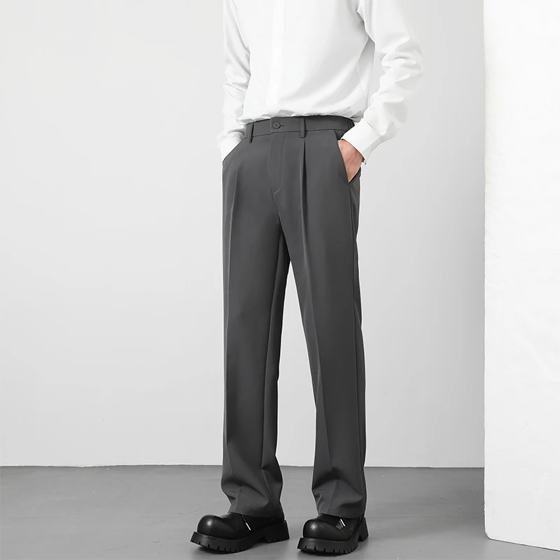 Spring and Summer Men's Loose Suit Pants Korean Style Straight Solid Color Drape Elastic Business Office Casual Trousers Brown