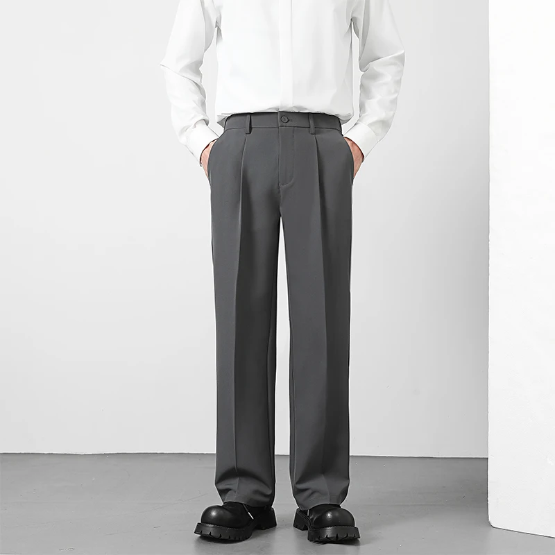 Spring and Summer Men's Loose Suit Pants Korean Style Straight Solid Color Drape Elastic Business Office Casual Trousers Brown