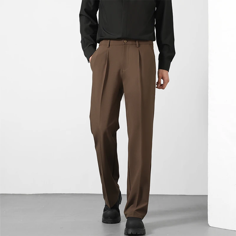Spring and Summer Men's Loose Suit Pants Korean Style Straight Solid Color Drape Elastic Business Office Casual Trousers Brown