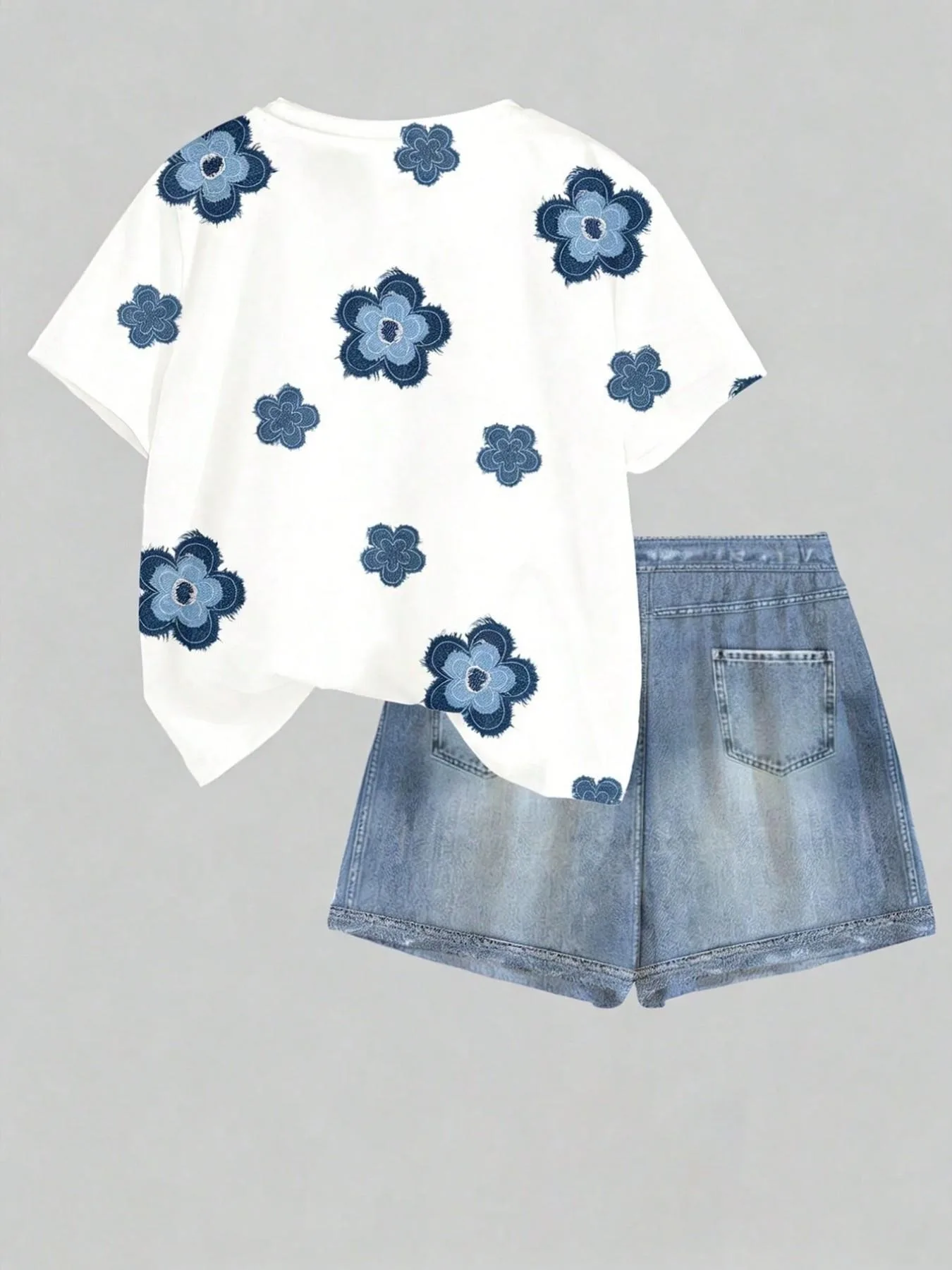 Kids Girls 2-Piece Floral Embroidery Short Sleeve T-shirt & Denim-Look Shorts Set Summer Casual Streetwear Daily School Outfit(N
