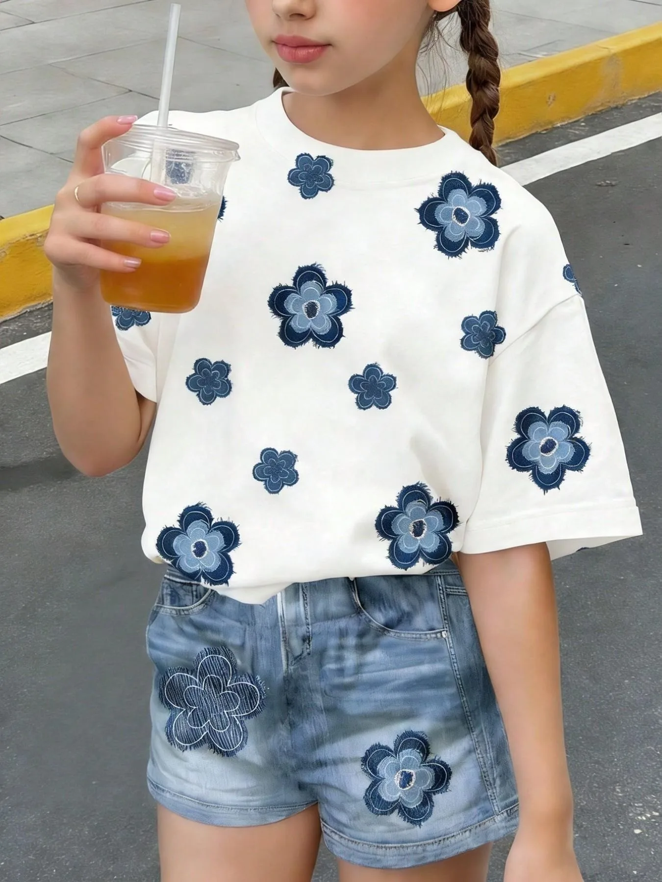 Kids Girls 2-Piece Floral Embroidery Short Sleeve T-shirt & Denim-Look Shorts Set Summer Casual Streetwear Daily School Outfit(N