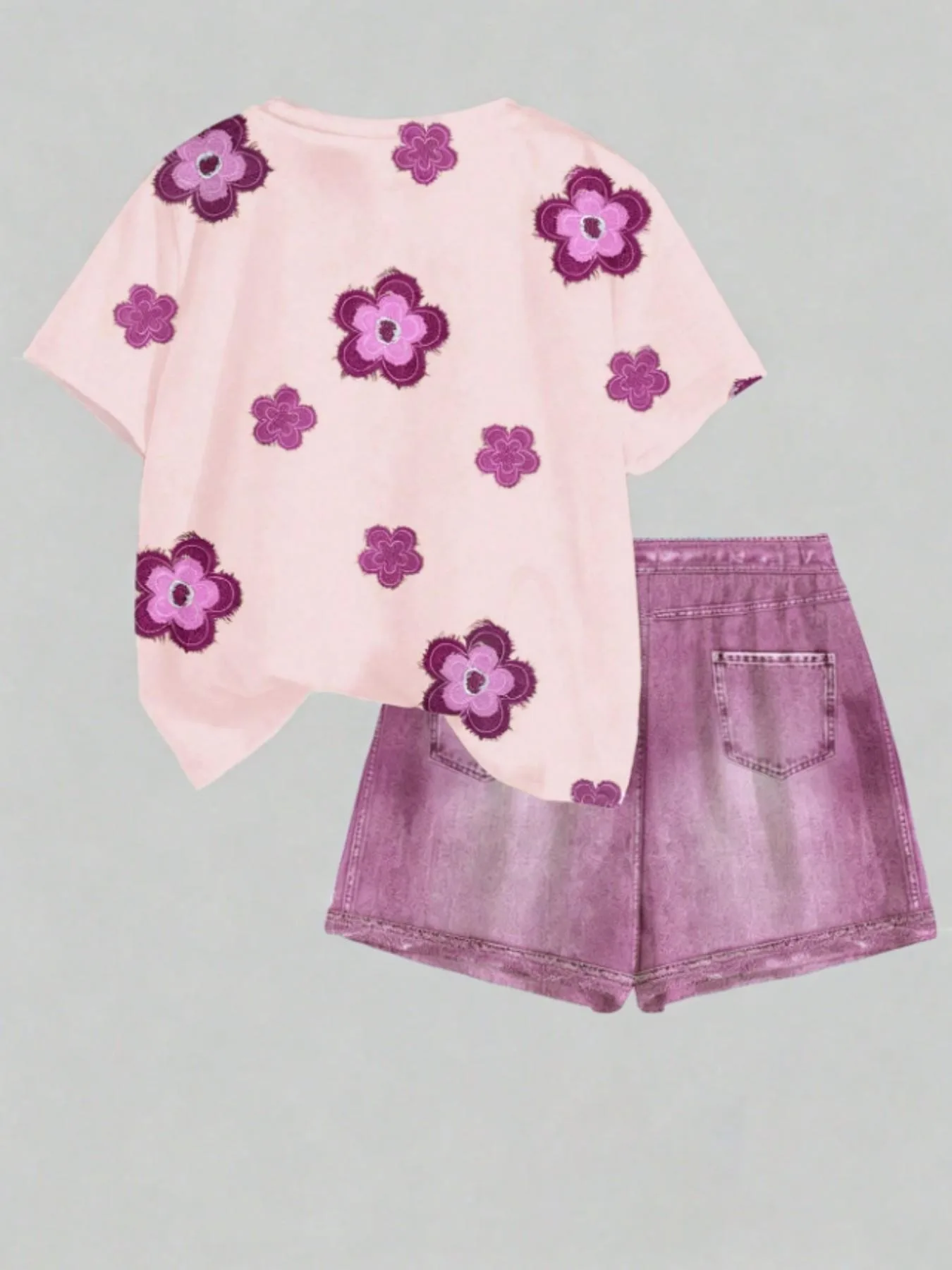 Kids Girls 2-Piece Floral Embroidery Short Sleeve T-shirt & Denim-Look Shorts Set Summer Casual Streetwear Daily School Outfit(N