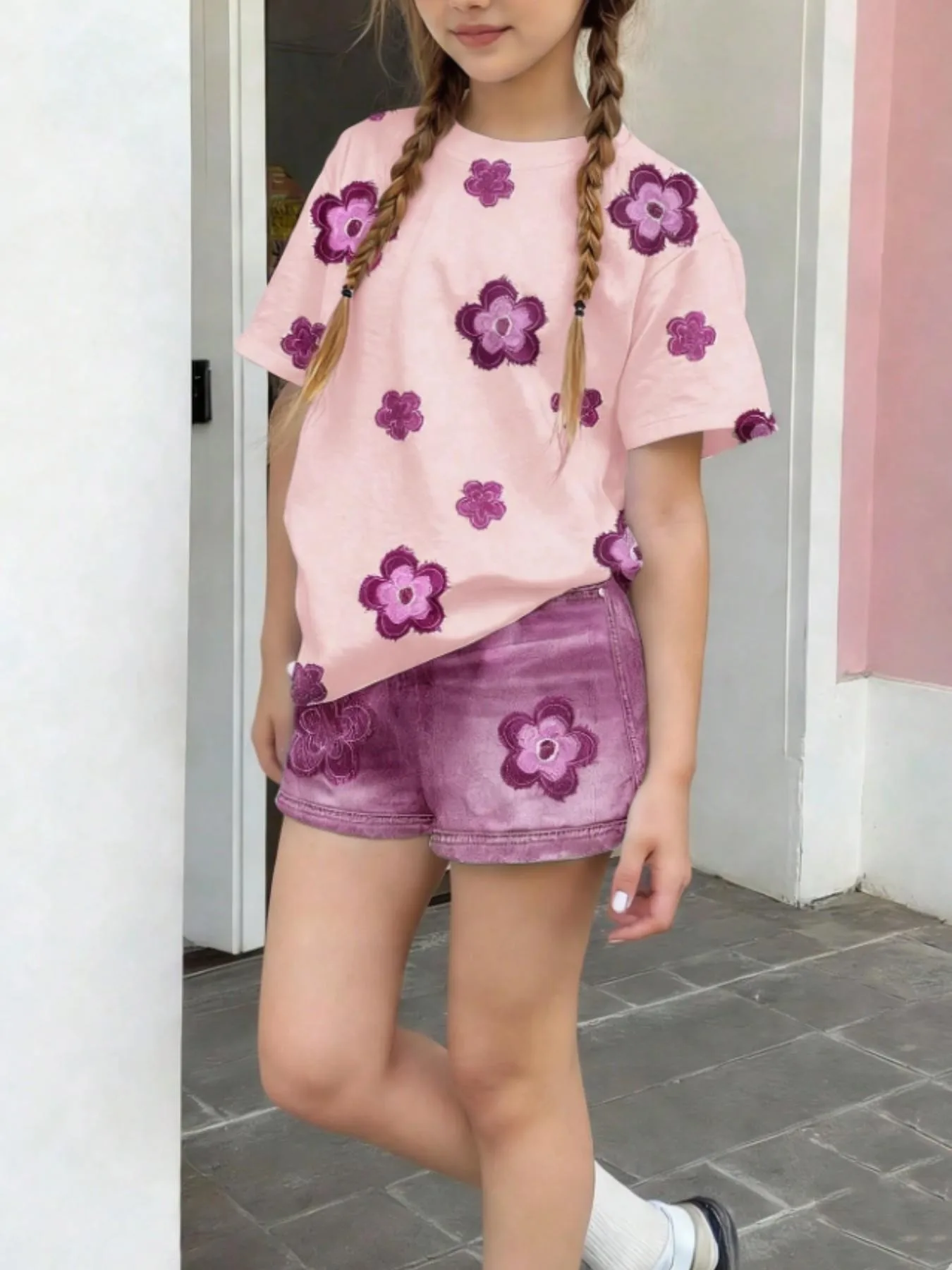 Kids Girls 2-Piece Floral Embroidery Short Sleeve T-shirt & Denim-Look Shorts Set Summer Casual Streetwear Daily School Outfit(N
