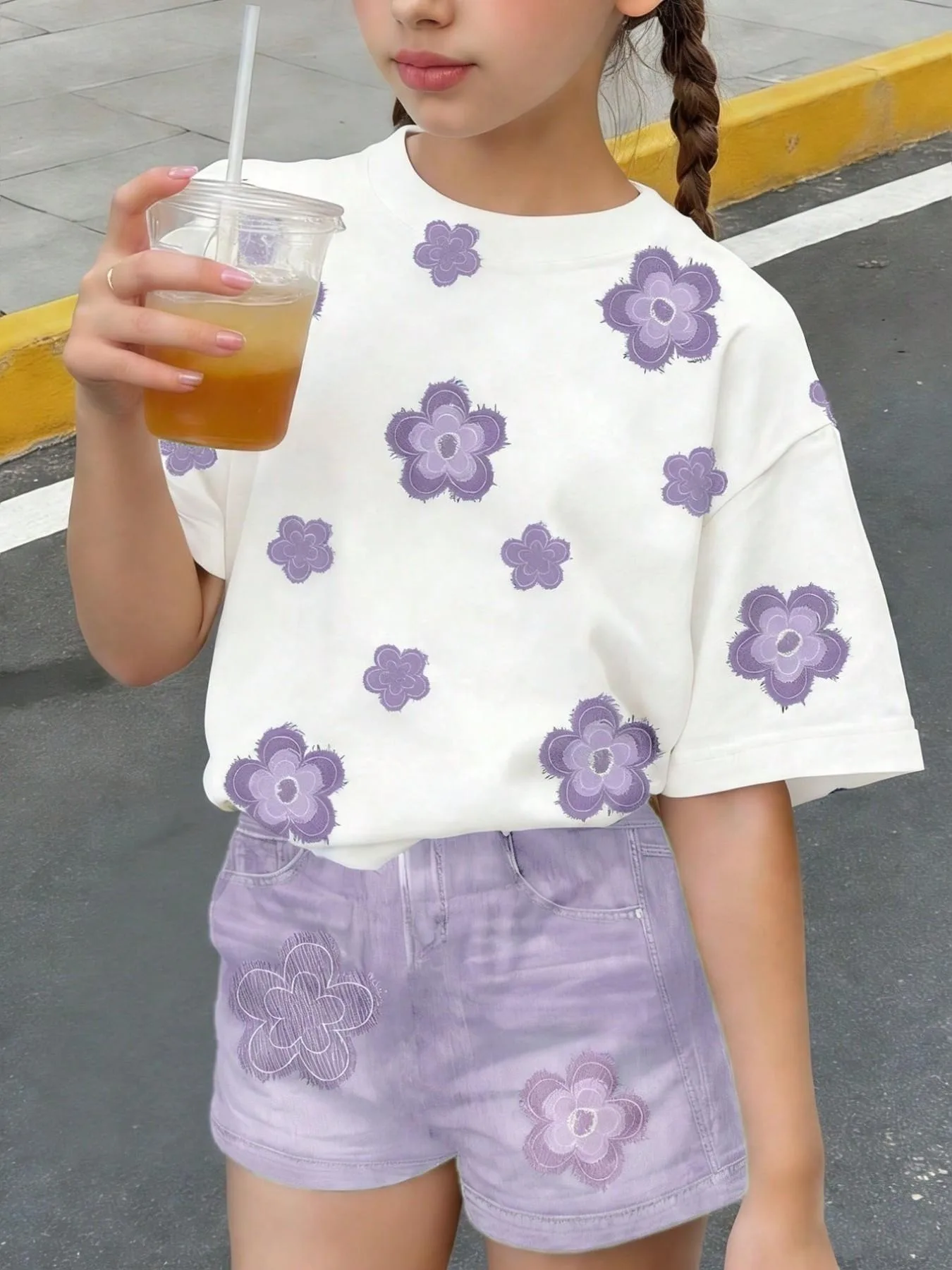Kids Girls 2-Piece Floral Embroidery Short Sleeve T-shirt & Denim-Look Shorts Set Summer Casual Streetwear Daily School Outfit(N