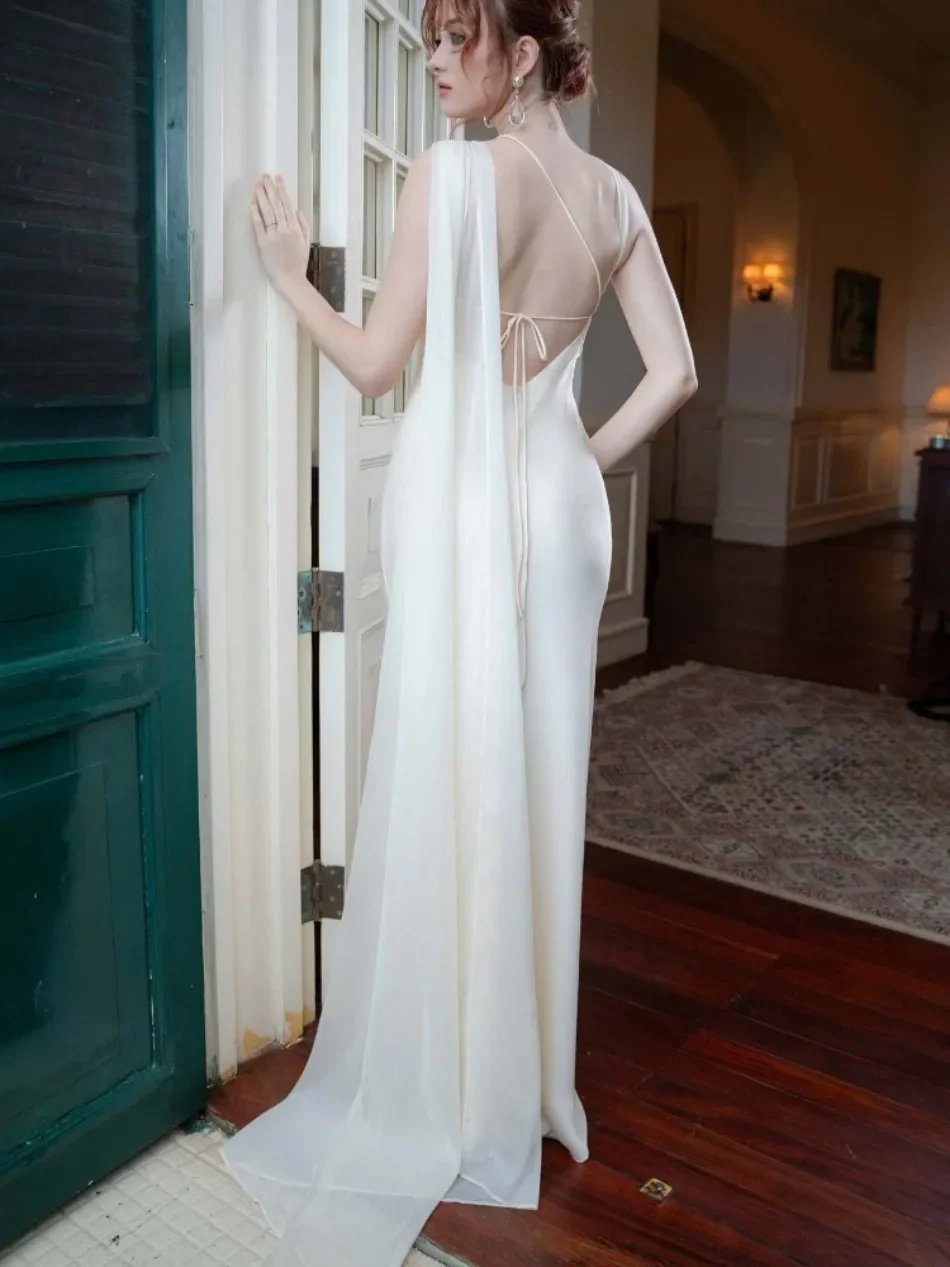 Elegant Women's Summer Sexy Satin Sleeveless Slanted Shoulder Fish Tail Dress Slim Fit Fashion Party Evening Gown