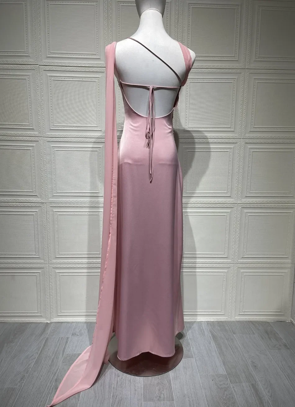 Elegant Women's Summer Sexy Satin Sleeveless Slanted Shoulder Fish Tail Dress Slim Fit Fashion Party Evening Gown