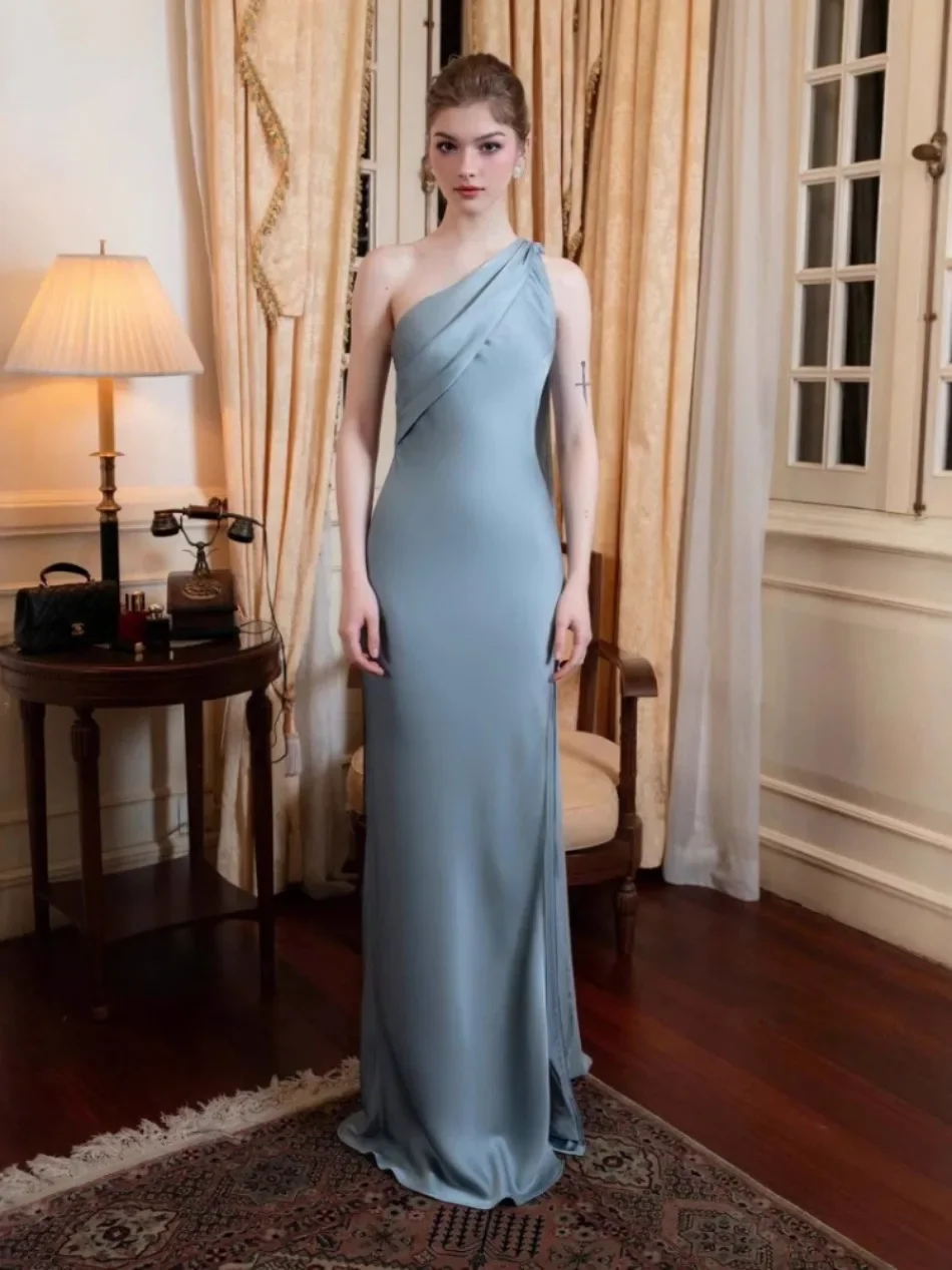Elegant Women's Summer Sexy Satin Sleeveless Slanted Shoulder Fish Tail Dress Slim Fit Fashion Party Evening Gown