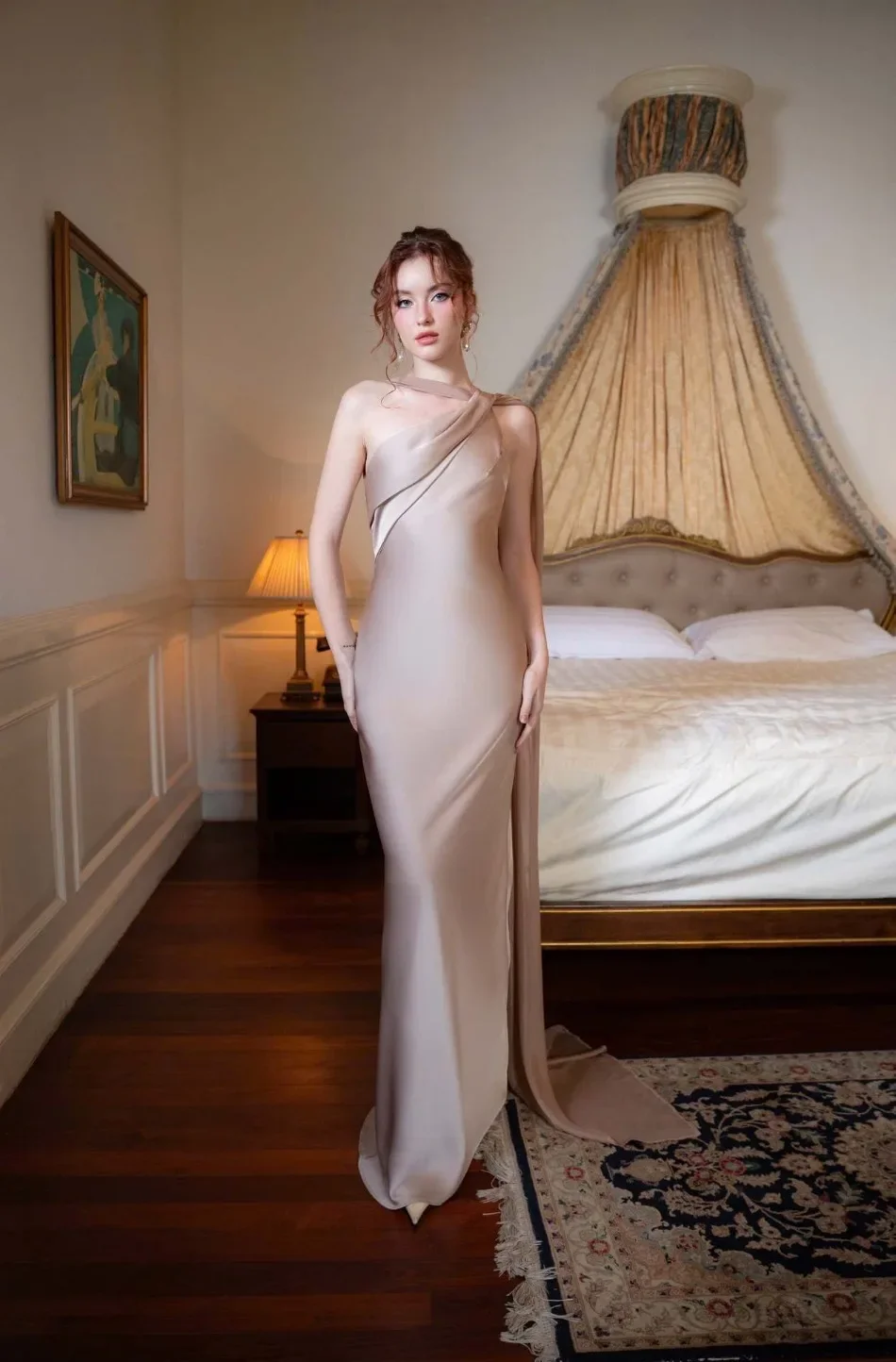 Elegant Women's Summer Sexy Satin Sleeveless Slanted Shoulder Fish Tail Dress Slim Fit Fashion Party Evening Gown