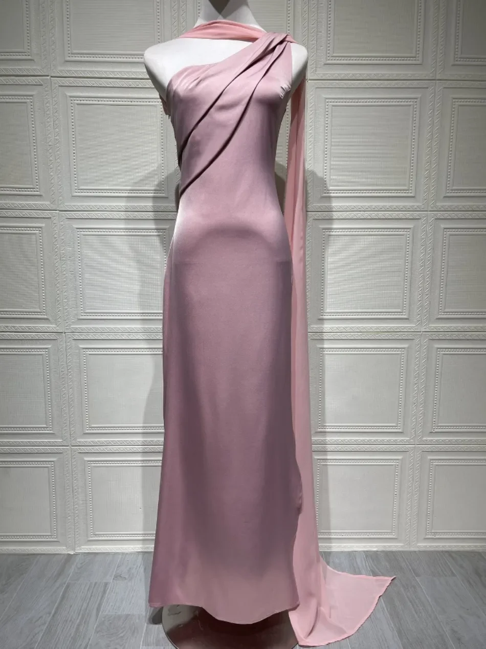 Elegant Women's Summer Sexy Satin Sleeveless Slanted Shoulder Fish Tail Dress Slim Fit Fashion Party Evening Gown