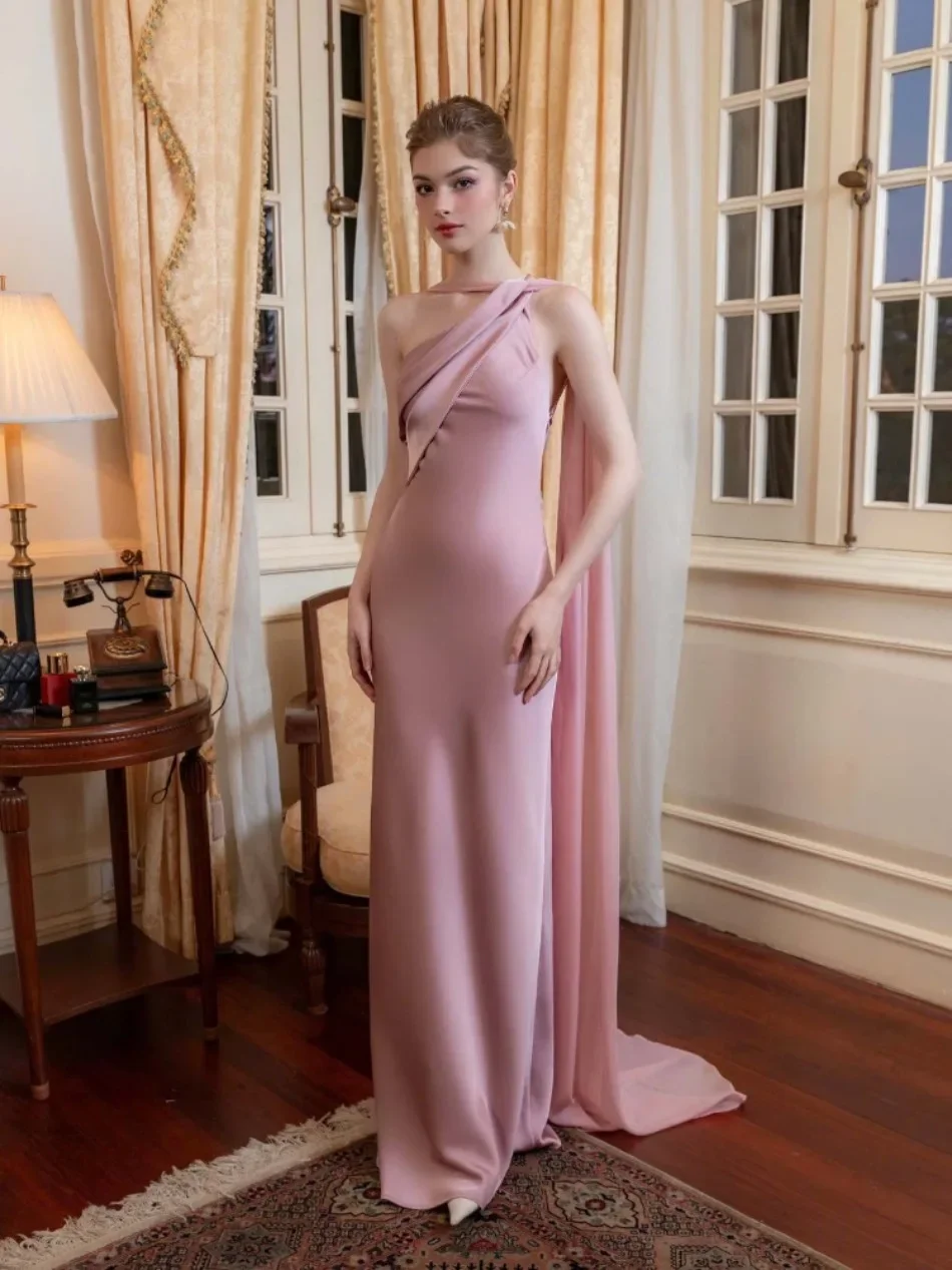 Elegant Women's Summer Sexy Satin Sleeveless Slanted Shoulder Fish Tail Dress Slim Fit Fashion Party Evening Gown