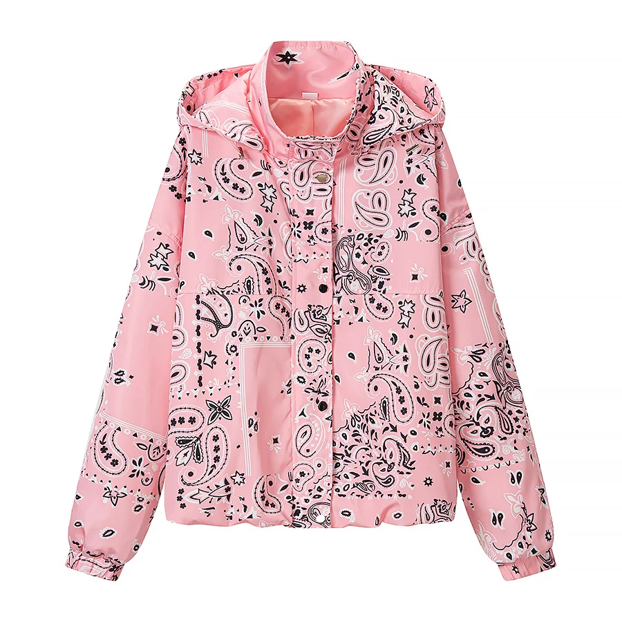 KLKXMYT Women Elegant Fashion Pink Print Jacket Long Sleeve Zipper Hooded Coat Spring Autumn Lady Trend Street Outwear