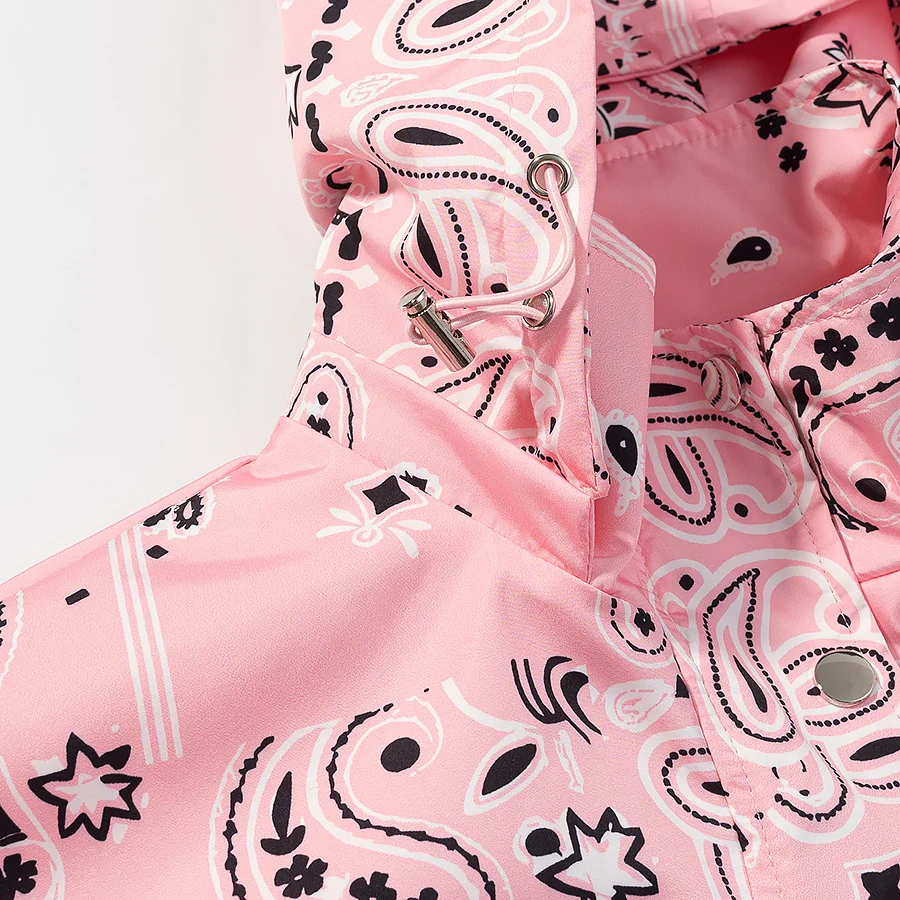 KLKXMYT Women Elegant Fashion Pink Print Jacket Long Sleeve Zipper Hooded Coat Spring Autumn Lady Trend Street Outwear