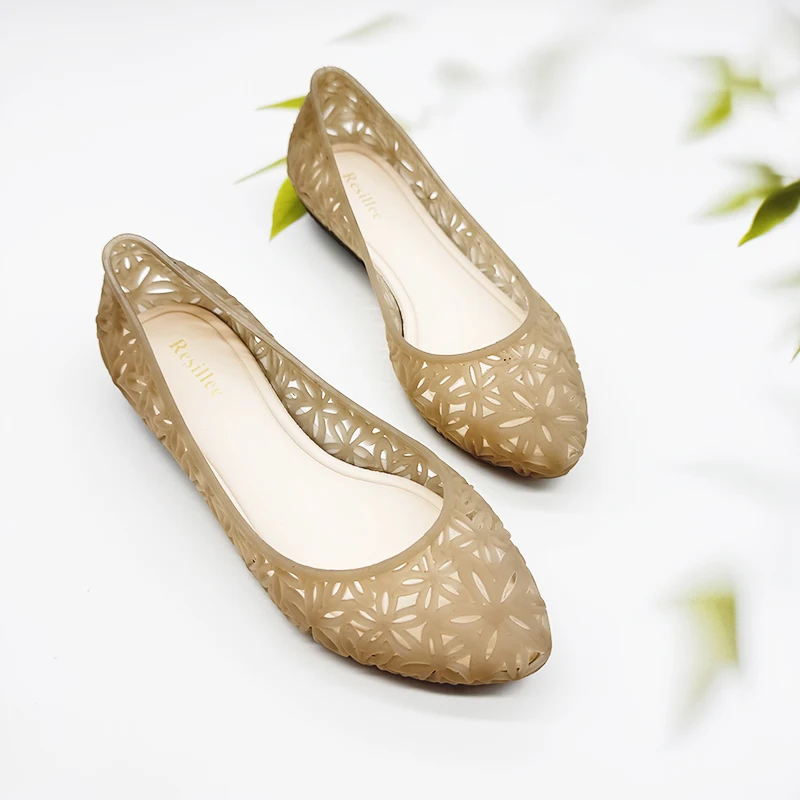 Resillee Women Hollow Out Breathable Jelly Ballet Flats Flat Slip-on PVC Waterproof Casual Beach Shoes