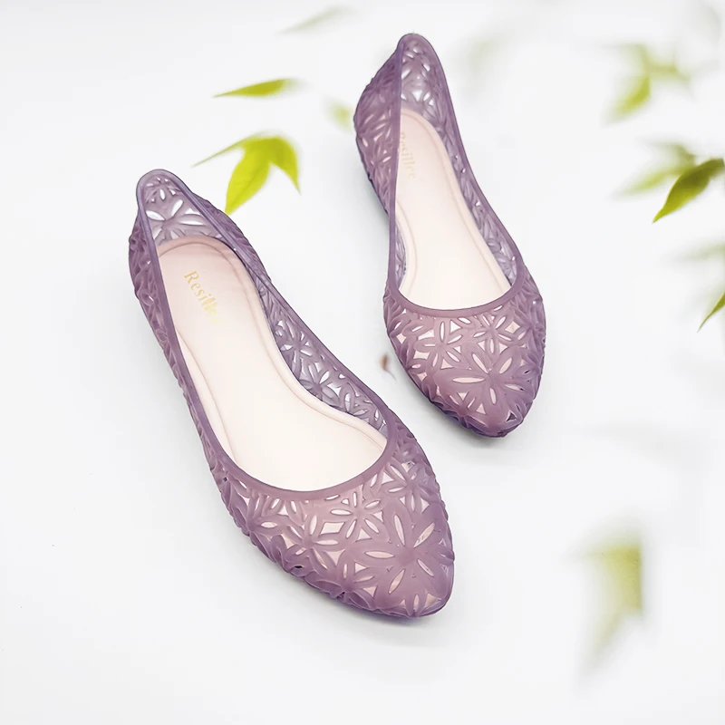 Resillee Women Hollow Out Breathable Jelly Ballet Flats Flat Slip-on PVC Waterproof Casual Beach Shoes