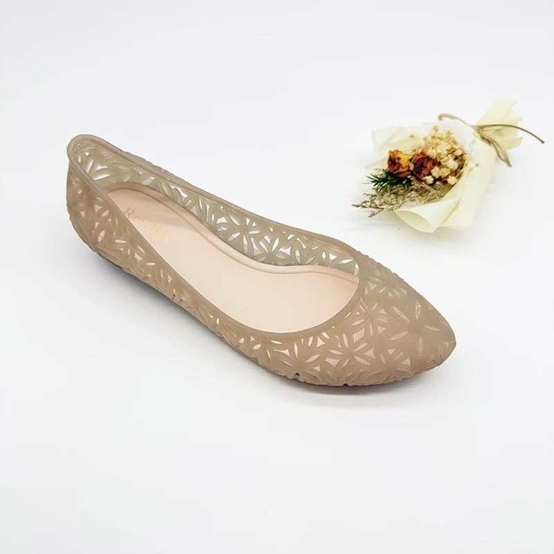 Resillee Women Hollow Out Breathable Jelly Ballet Flats Flat Slip-on PVC Waterproof Casual Beach Shoes