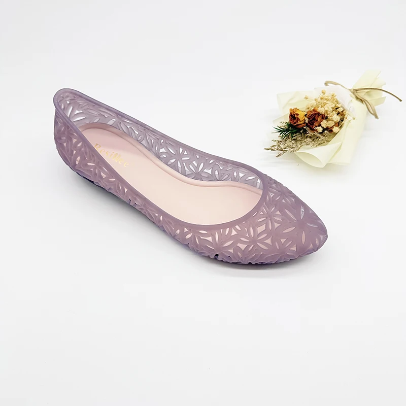 Resillee Women Hollow Out Breathable Jelly Ballet Flats Flat Slip-on PVC Waterproof Casual Beach Shoes