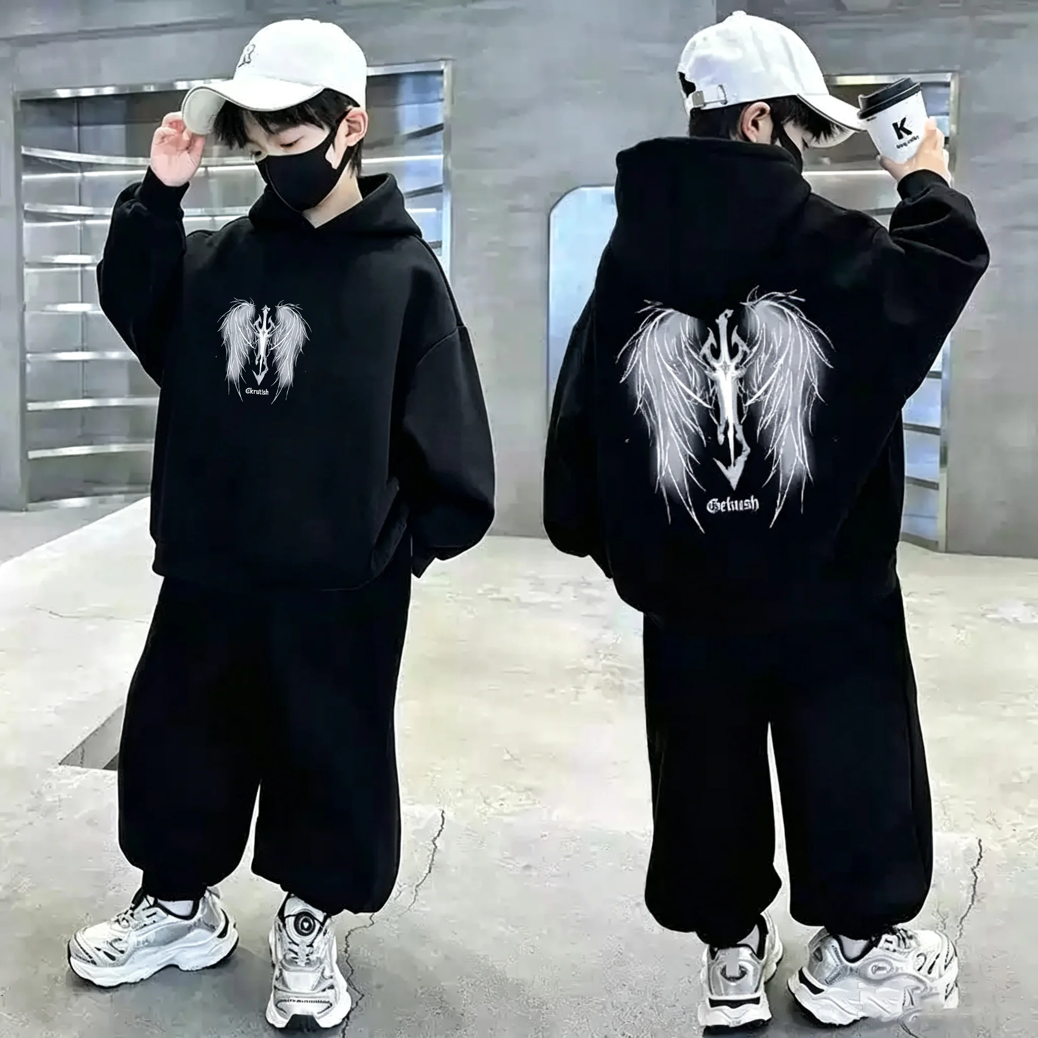 Boys Hoodie Streetwear Angel Wings Trident Print Kids Loose Hooded Sweatshirt Casual Teen Pullover