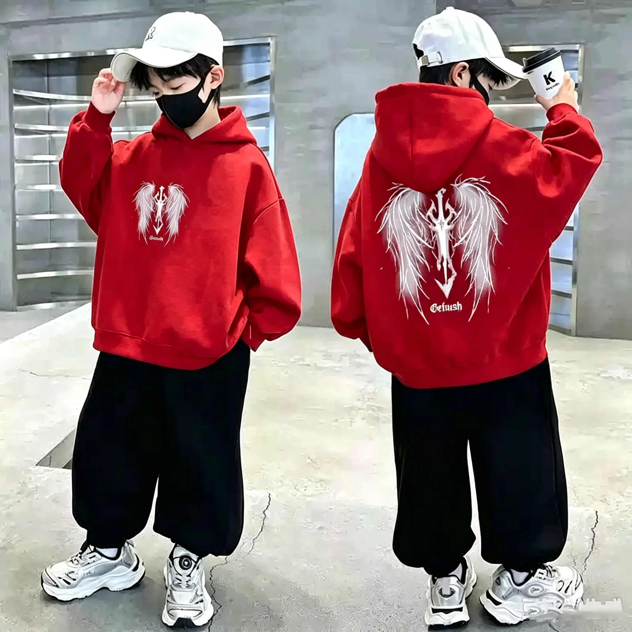 Boys Hoodie Streetwear Angel Wings Trident Print Kids Loose Hooded Sweatshirt Casual Teen Pullover
