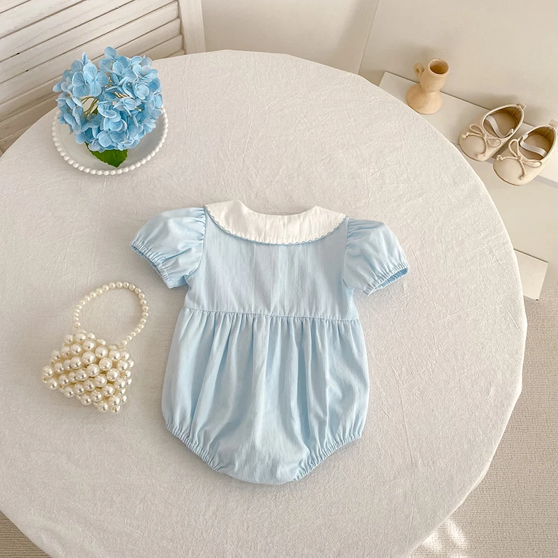 2026 Summer New 0-24M Baby Girls Jumpsuit Korean Version Short Sleeved Bodysuit Flower Embroidered Sweet Blue Romper
