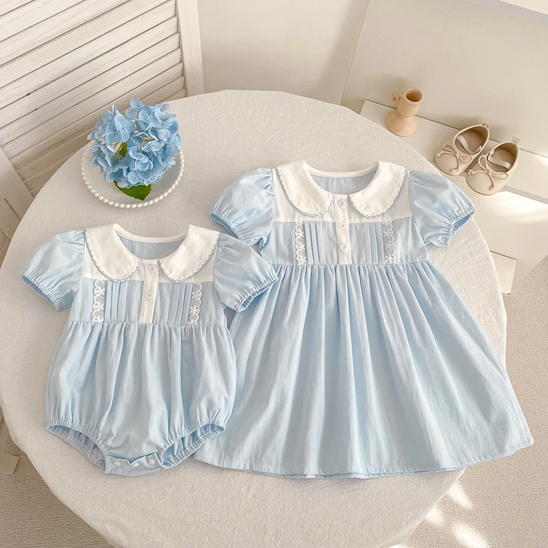 2026 Summer New 0-24M Baby Girls Jumpsuit Korean Version Short Sleeved Bodysuit Flower Embroidered Sweet Blue Romper