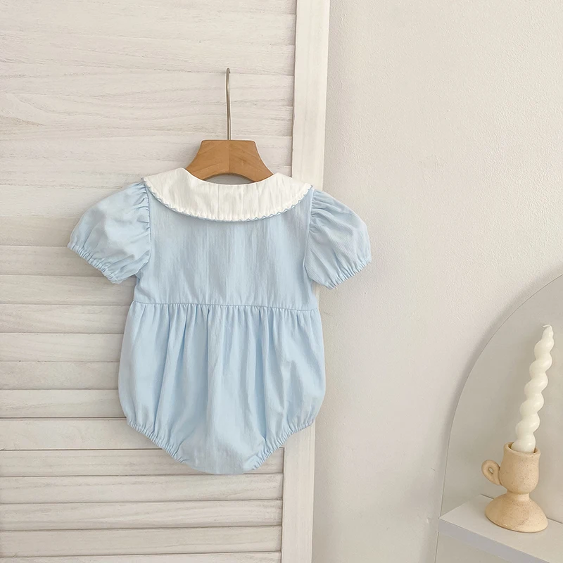 2026 Summer New 0-24M Baby Girls Jumpsuit Korean Version Short Sleeved Bodysuit Flower Embroidered Sweet Blue Romper