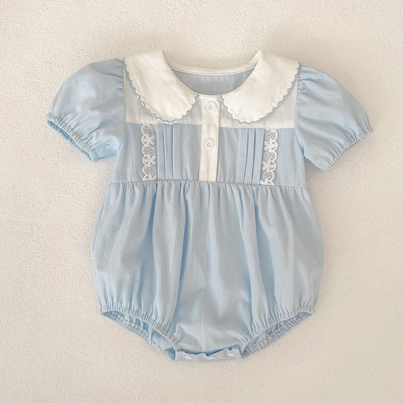 2026 Summer New 0-24M Baby Girls Jumpsuit Korean Version Short Sleeved Bodysuit Flower Embroidered Sweet Blue Romper