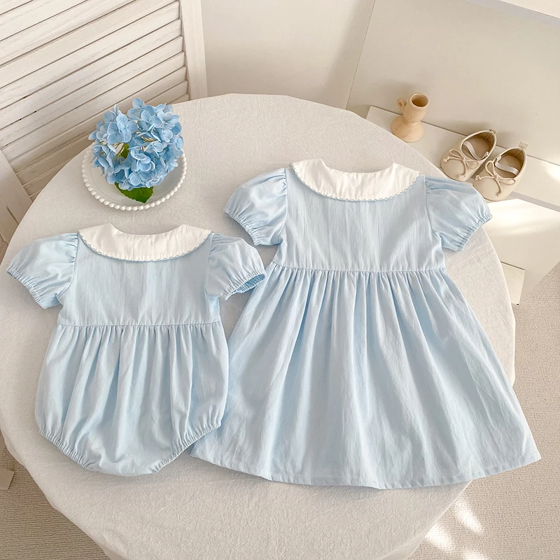 2026 Summer New 0-24M Baby Girls Jumpsuit Korean Version Short Sleeved Bodysuit Flower Embroidered Sweet Blue Romper