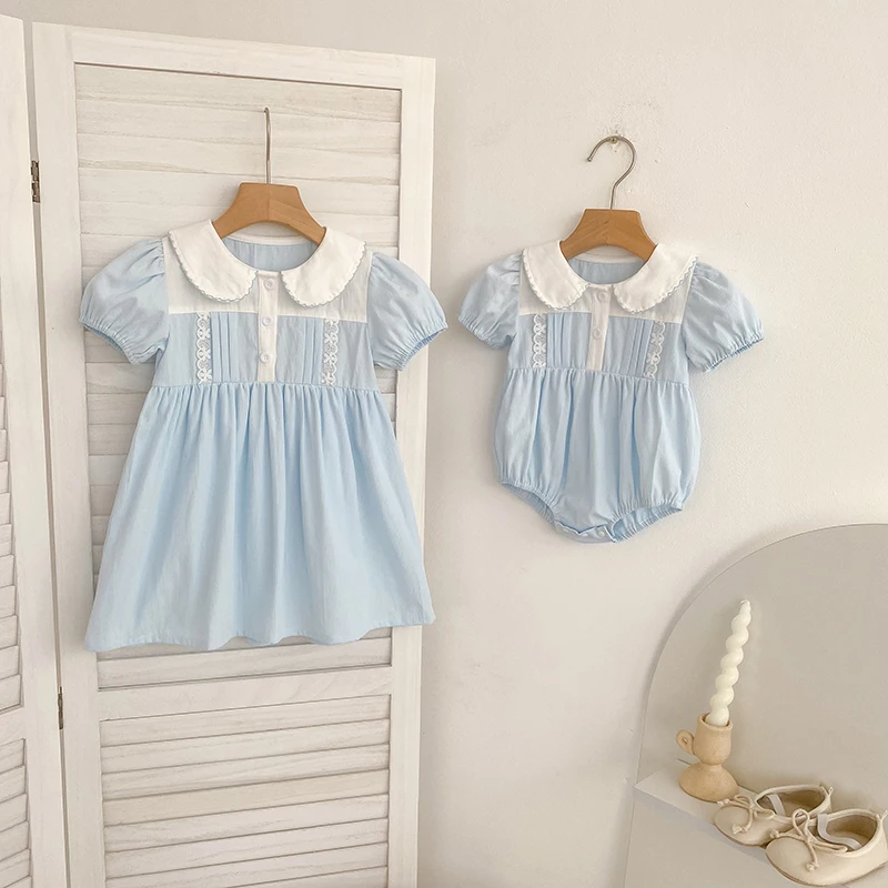 2026 Summer New 0-24M Baby Girls Jumpsuit Korean Version Short Sleeved Bodysuit Flower Embroidered Sweet Blue Romper