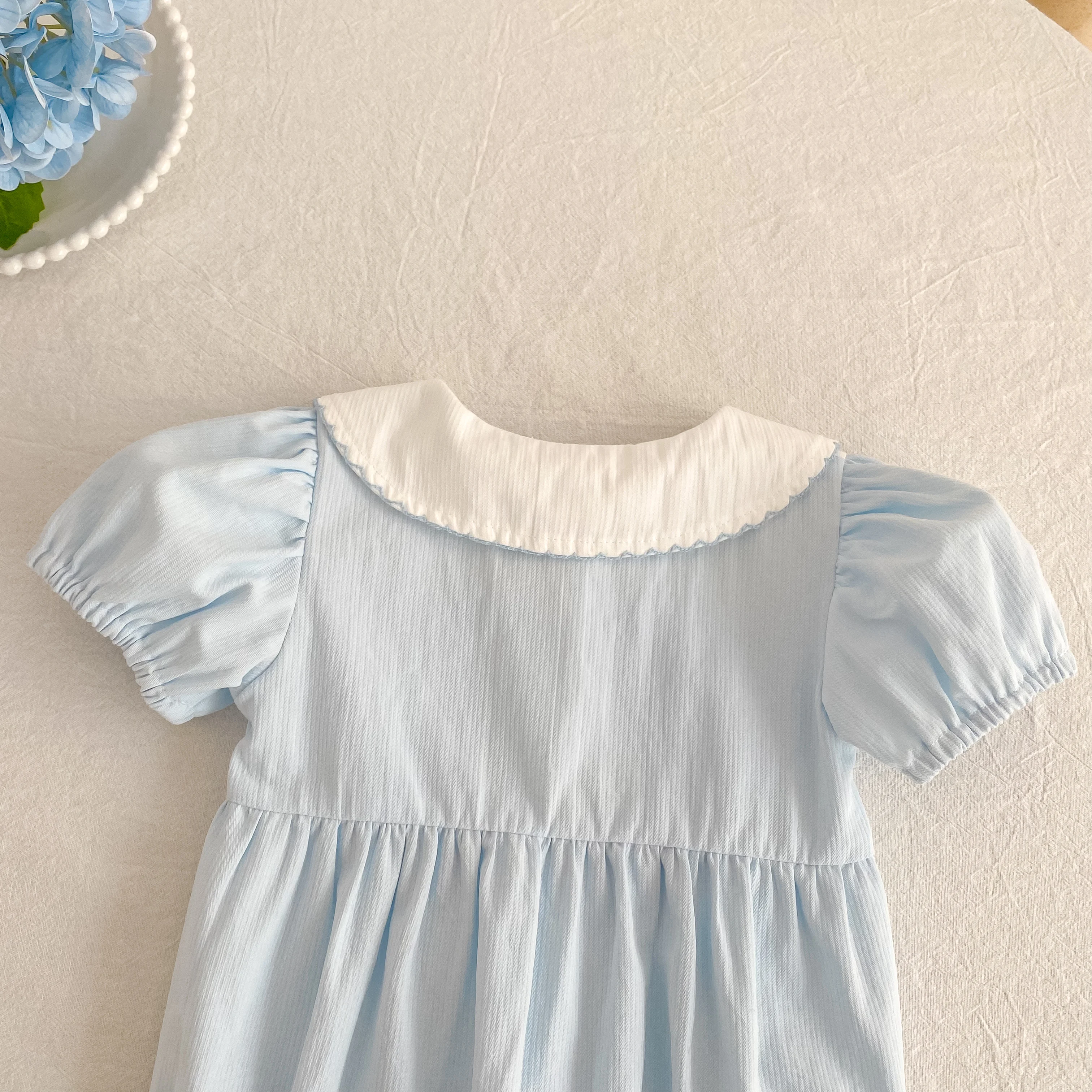 2026 Summer New 0-24M Baby Girls Jumpsuit Korean Version Short Sleeved Bodysuit Flower Embroidered Sweet Blue Romper