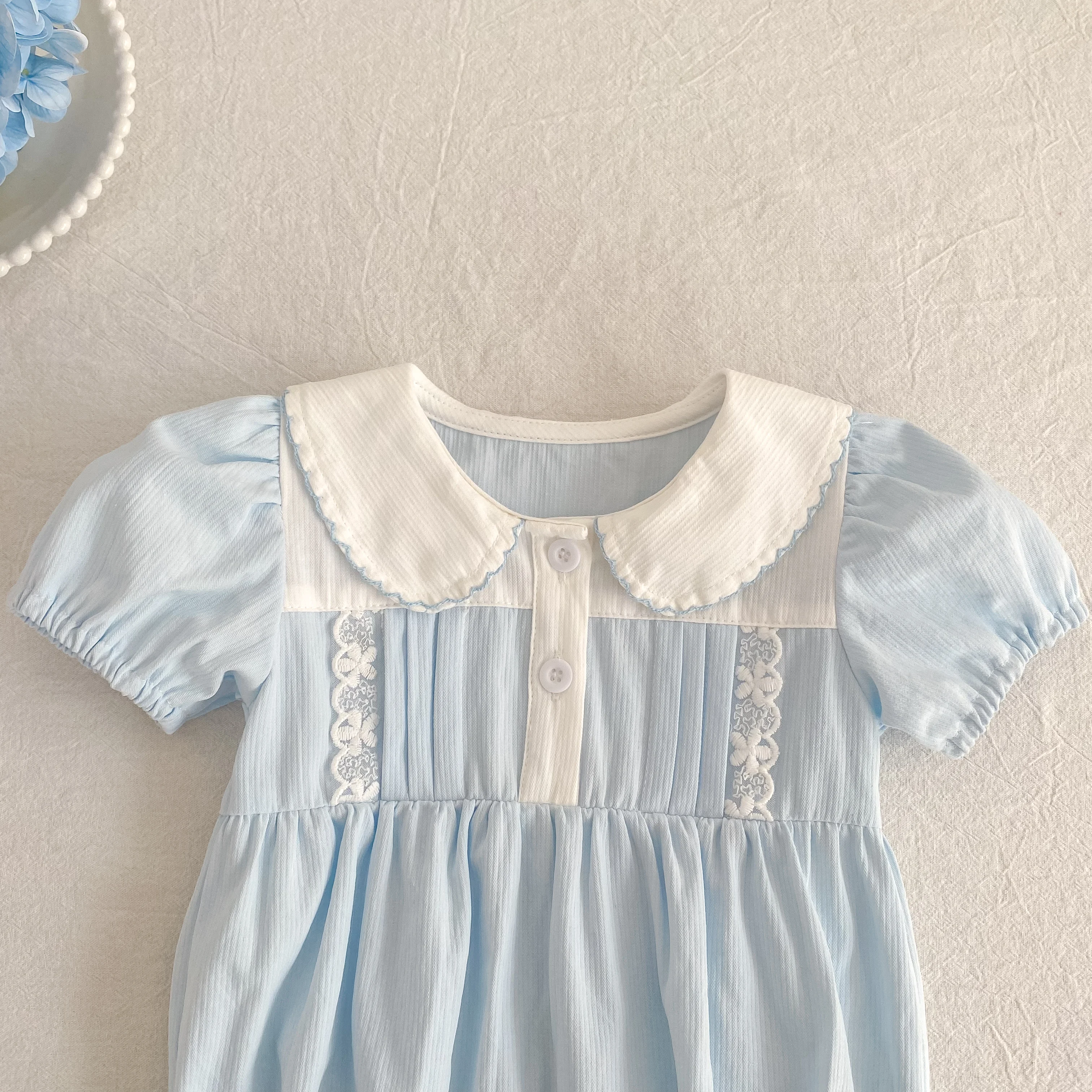 2026 Summer New 0-24M Baby Girls Jumpsuit Korean Version Short Sleeved Bodysuit Flower Embroidered Sweet Blue Romper
