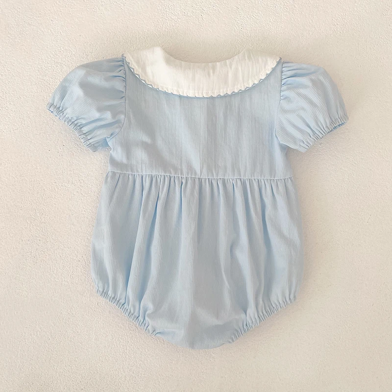 2026 Summer New 0-24M Baby Girls Jumpsuit Korean Version Short Sleeved Bodysuit Flower Embroidered Sweet Blue Romper